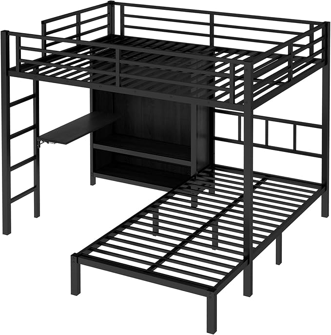 Full XL Over Twin Metal Bunk Bed with Folding Desk, Closet with LED,Space-Saving/Noise Reduced, Black