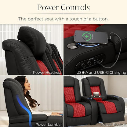 Seatcraft Diamante Zero-Gravity CoolZero Italian Leather Home Theater Seating, Power Headrest, Power Recline, Row of 5 Right Loveseat, Black/Red