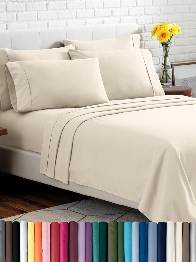 Bare Home Hotel Luxury Queen Sheet Set, Extra Soft - 6 Piece Set - Deep Pockets - Easy Fit - Cooling & Breathable - Wrinkle, Fade, Stain Resistant - Includes 4 Pillowcases (Queen, Sand)