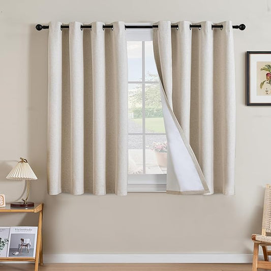 H.VERSAILTEX Linen Curtains 100% Blackout Curtains for Bedroom 45 inch Long Full Light Blocking Nature Linen Blended Window Curtains for Living Room Nickel Grommet (2 Panels, Heathered Natural)