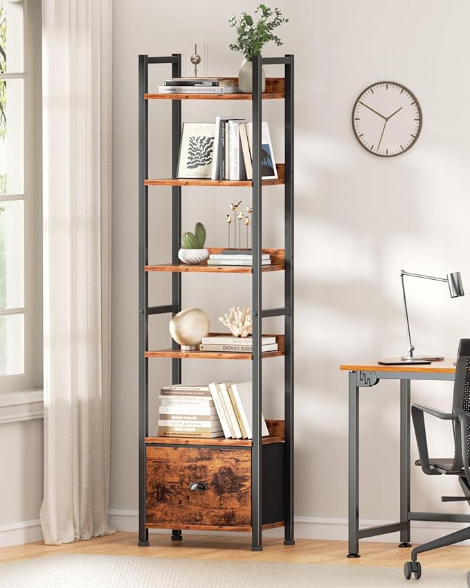 Furologee 6 Tier Bookshelf, Tall Shelf with Drawer, Wood and Metal Bookshelves Storage Organizer, Industrial Display Shelving Unit for Bedroom, Living Room, Home Office, Rustic Brown