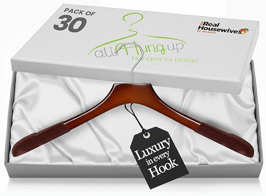 Premium Luxe Wooden Hangers for Women, Wide Shoulder Design for Dresses, Skirts, Sweaters & Blouses, Heavy Duty with Velvet Grip, High Gloss Brown with Brown Velvet, 30 pcs