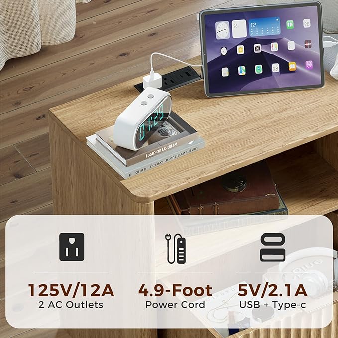 Evermagin Fluted Nightstand Set of 2 with Charging Station, Natural Oak Bedside Table with 2 Drawers, Wood End Table with Storage Mid Century Modern, Large Night Stand for Bedroom