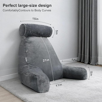 mittaGonG Extra Large Reading Pillow for Sitting in Bed Adult with Detachable Neck Support Cushion & Backrest Pillow for Bed with Arms and Side Pocket Shredded Foam Back Pillow with Washable Cover
