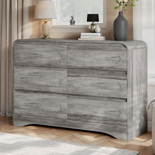 Dresser for Bedroom with 6 Drawers, 47" Wide Modern Dressers & Chest of Drawers with Curved Profile Design, Wood Closet Clothes Storage Dressers Organizer for Bedroom Living Room Hallway, Grey