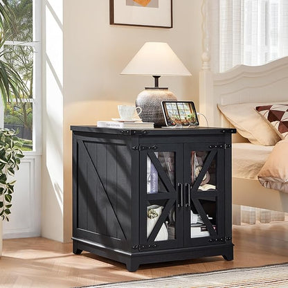 Farmhouse End Table Set 2, Narrow 18'' Night Stand with Glass Barn Door, 24" Square Side Table with Charger Station, Living Room Furniture Sets, Wood Nightstand Bedside Tables for Bedroom