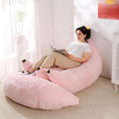 Banana Bean Bag Chair with Ottoman, Floor Sofa Bed with Footrest, Comfy Convertible Lounger for Adults, Plush Couch for Bedroom, Living Room or Dorm, L-Pink