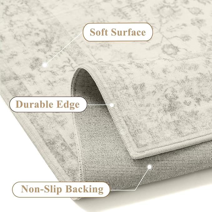 2x6 Grey Runner Rug Hallway Non Slip Kitchen Vintage Distressed Long Carpet Indoor Machine Washable Retro Floral Bedroom Accent Throw Rug for Office Laundry Bathroom Dining Living Room