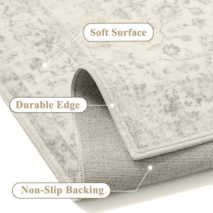 2x6 Grey Runner Rug Hallway Non Slip Kitchen Vintage Distressed Long Carpet Indoor Machine Washable Retro Floral Bedroom Accent Throw Rug for Office Laundry Bathroom Dining Living Room