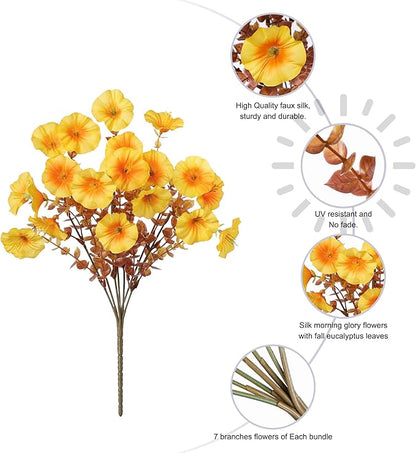 Fake Mums Fall Artificial Flowers Plants for Outdoors Autumn Decoration, 12 Bundles Silk Morning Glory with Eucalyptus Realistic UV Resistant Faux Mums for Outside Planter Yard Garden Home Indoor, Mix