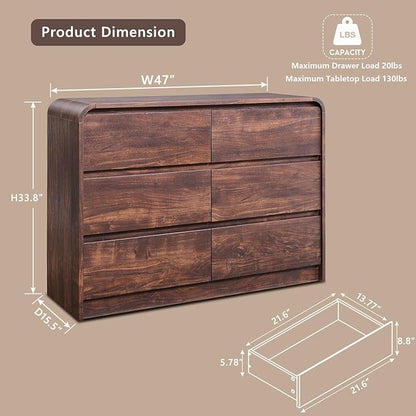 Modern 6 Drawers Dresser for Bedroom, 47" Wide Wood Dressers & Chests of Drawers w/Curved Profile Design, Mid Century Modern Dresser w/Natural Texture for Bedroom, Living Room, Brown