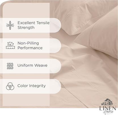 Linen Home 100% Cotton Percale Sheets Queen Size, Sand Shell, Deep Pocket, 4 Pieces Set - 1 Flat, 1 Deep Pocket Fitted Sheet and 2 Pillowcases, Crisp Cool and Strong Bed Linen