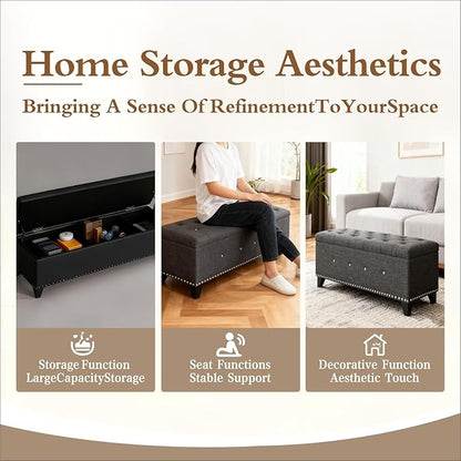 47.5” Storage Ottoman Bench, Upholstered Button-Tufted End of Bed Bench with Soft-Close Hinge & Solid Wood Legs, Foot Rest for Living Room, Bedroom, Hallway (Linen, Dark Grey)