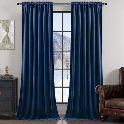 90 Inch Long Velvet Curtains for Living Room, Elegant Privacy Thermal Curtain Room Darkening Back Tab & Rod Pocket Soft Luxury Room Darkening Window Drapes for Bedroom, W52 x L90, Navy Blue, 2 Pcs