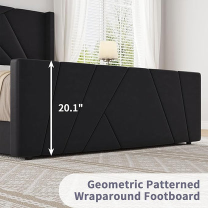 BarnFurin Queen Size Bed Frame, Velvet Upholstered Platform Bed with Geometric Tufted Headboard & Footboard, Wingback Design, Mattress Foundation with Wooden Slats, Black