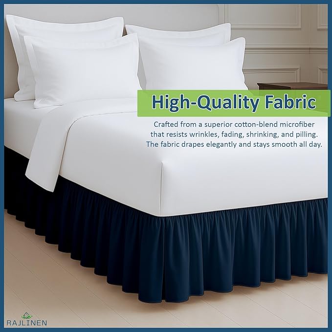 Rajlinen Ruffled Bed Skirt Full, 10 Inch Drop Dust Ruffle with Split Corners, 100% Microfiber Bedskirt with Platform, Three-Sided Coverage Ruffled Gathering Design, Navy Blue