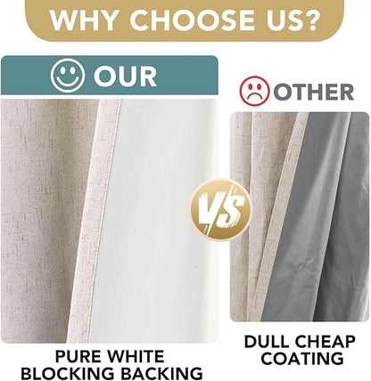 H.VERSAILTEX Linen Curtains 100% Blackout Curtains for Bedroom 90 inch Long Full Light Blocking Nature Linen Blended Window Curtains for Living Room Nickel Grommet (2 Panels, Natural)