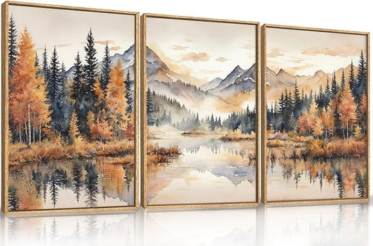 LHIUEM Large Neutral Mountain Framed Canvas Wall Art, Nature Foggy Forest Wall Decor, Watercolor Autumn Landscape, Woodland Artwork for Living Room, Bedroom, Office - 24"x36"x3