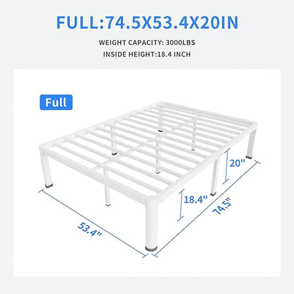 MAF 20 Inch Full Size Bed Frame White with Round Corner Legs Mattress Slide Stopper No Box Spring Needed Heavy Duty Metal Platform Bed Frames Under-Bed Storage Space, 3000 LBS Steel Slats Support