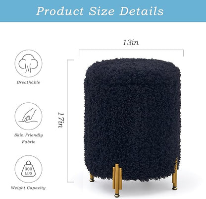 Mxfurhawa Round Ottoman Foot Stool with Storage and Metal Legs for Living Room Bedroom, Velvet Upholstered Footrest Stool Support 300lbs Modern Padded Seat Ottoman Coffee Table (Black-Long Wool)