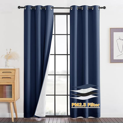 RYB HOME PM 2.5 Filter Curtains for Living Room/Bedroom, Soundproof Blackout Large Window Curtains for Dust Sandstorms Smog Pollen Odor Filtering, Navy Blue, W42 x L84 inch, 2 Panels