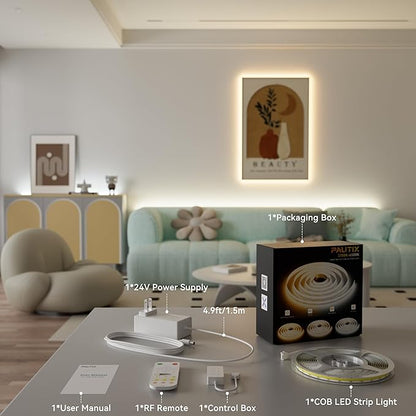 PAUTIX CCT COB LED Strip Light White Tunable 3200LEDs,CRI90+ 16.4ft/5m Dimmable 2700K-6500K 24V LED Tape Lights Kit,Work with Alexa/Google Assistant,for Under Cabinet Bedroom Kitchen DIY Lighting