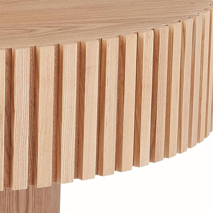 LKTART Round Coffee Table for Living Room, Accent Fluted Drum Coffee Table with Storage, Modern Solid Wood Circle Center Tea Table for Small Space Apartment (31.5''D×14''H-Natural)