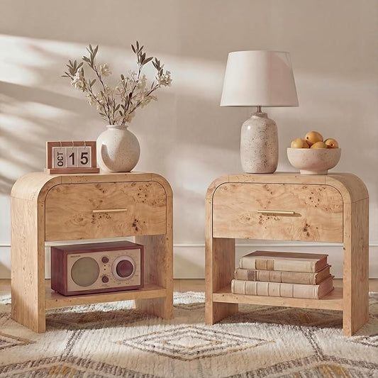 Night Stand Set of 2 [Unique Curved Profile] [FSC-Certified Wooden Board] 1-Drawer and 1 Storage Shelf Nightstand 24" H Metal Handle Modern Bedside Table Side Table End Table