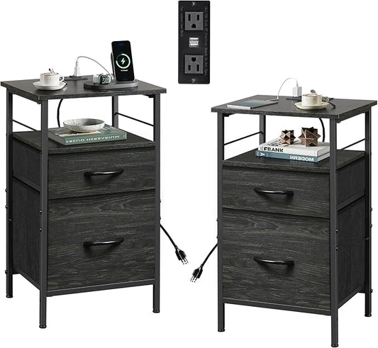 WLIVE Night Stand Set 2, Black Nightstand with Charging Station, Bedside Tables for Bedroom, Side Table with Fabric Drawers, USB Ports and Outlets