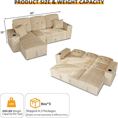 90 Inch Sleeper Sofa Bed, 4 in 1 Pull Out Couch Bed with Adjustable Backrest | Reversible Storage Chaise | Wide Armrest | Tool Free Assembly, Sectional Couches for Living Room, Khaki Chenille