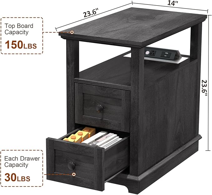 HIFYOBRO Narrow End Table with Flip Top Charging Station Set of 2, Side Table with 2 Drawers, Type-C & USB Port & Power outlets, Wooden Storage Cabinet for Living Room and Bedroom