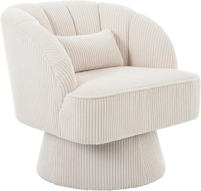 GarveeHome Modern Swivel Barrel Accent Chair, 360° Velvet Upholstered Armchair with Striped Backrest & Plush Padding, Comfy Round Lounge Chair (1, Beige + Corduroy)