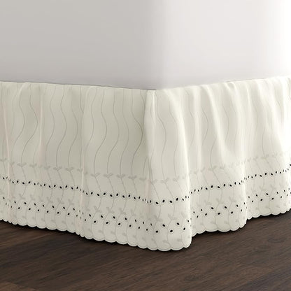 Fresh Ideas Eyelet Bed Skirt, Ruffled Design, 14 Inch Drop, Embroidered Scalloped Edge, California King, Ivory