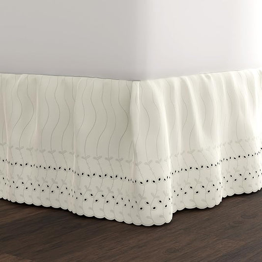 Fresh Ideas Eyelet Bed Skirt, Ruffled Design, 14 Inch Drop, Embroidered Scalloped Edge, Twin, Ivory