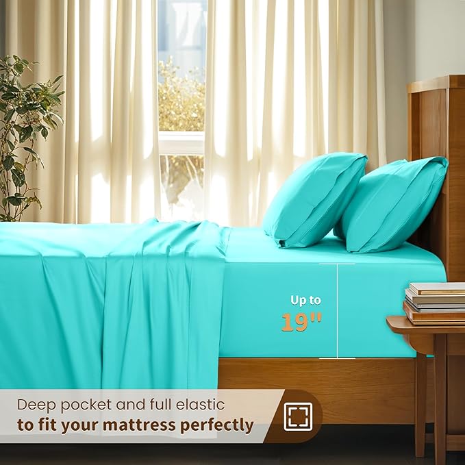 LBRO2M 100% Cotton Sheets Set Deep Pocket 19", 1000 Thread Count California King Size 4 Piece Bed Sheet Sets Soft Comfortable Bedding All Season (California King, Lake Green)