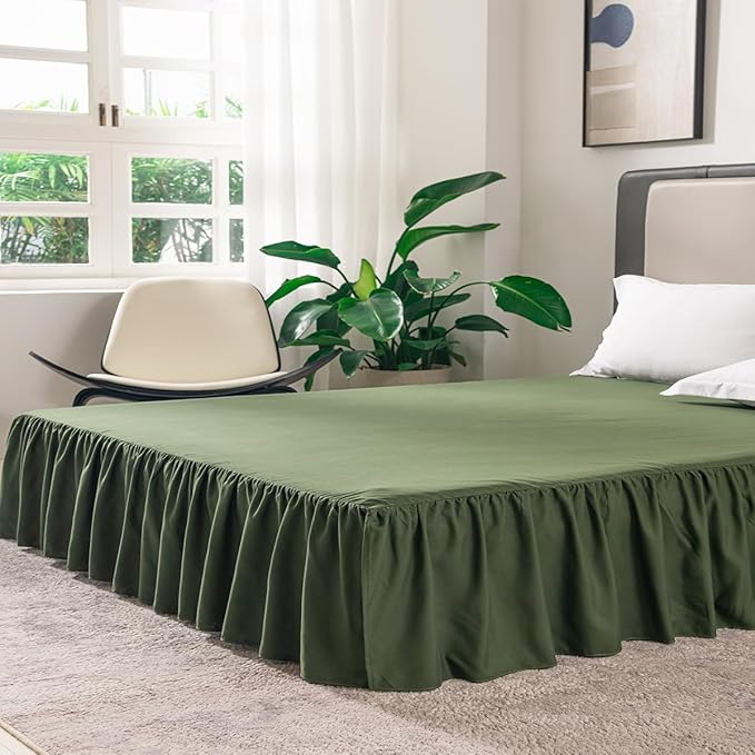 Bed Skirt Queen Size Ruffled Bed Skirt with Split Corners, 18 Inch Drop Dust Ruffle Bed Skirts with Platform, Green