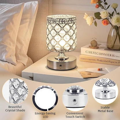 TOBUSA 6000mAh Crystal Battery Operated Lamp, Silver Modern Cordless Table Lamp Rechargeable, Portable Bedside Touch Small Desk Lamp 3000K-4500K-6000K, Stepless Dimmable Wireless LED Night Light