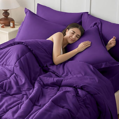 JOLLYVOGUE Queen Comforter Set, Ultra-Soft Bed in a Bag Queen Size 7 Pieces, Oeko-TEX Certified Bedding Set with Down Alternative Comforter, Sheets, Pillowcases & Shams, Purple