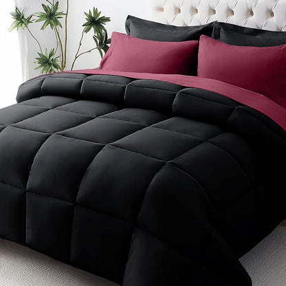 JOLLYVOGUE Full Comforter Set, Ultra-Soft Bed in a Bag Full Size 7 Pieces, Oeko-TEX Certified Bedding Set with Down Alternative Comforter, Sheets, Pillowcases & Shams, Burgundy & Black