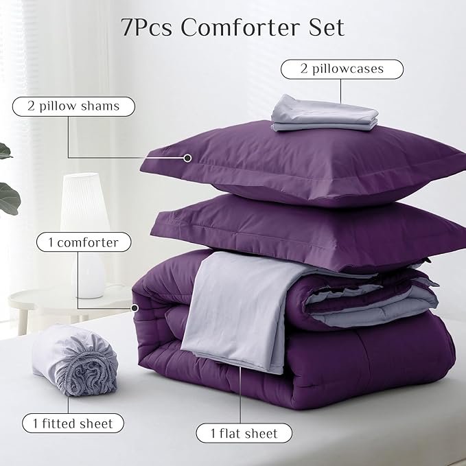 JOLLYVOGUE California King Comforter Set, Ultra-Soft Bed in a Bag Cal King Size 7 Pieces, Oeko-TEX Certified Bedding Set With Down Alternative Comforter, Sheets, Pillowcases & Shams, Purple & Lavender