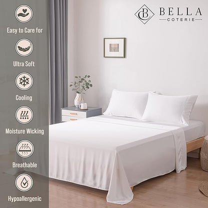 Bella Coterie Luxury Bamboo Viscose Twin Size Sheet Set | 100% Organically Grown | Ultra Soft | Cooling for Hot Sleepers | 18" Deep Pocket [White]