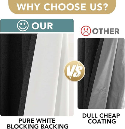 H.VERSAILTEX Bedroom Curtains Blackout Linen Blackout Curtains 84 Inches Long, 100% Blackout Thermal Textured Linen Look Curtain Draperies Grommet with White Liner, 2 Panels, Black