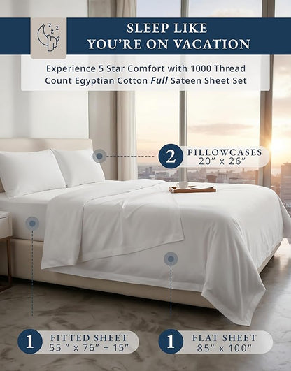 LANE LINEN 100% Egyptian Cotton Full Size Bed Sheets - 1000 Thread Count, Soft & Comfy Luxury Hotel Style Thick Size Sheet, Fully Elasticized Reinforsed Seams No Pill Natural Cooling - White Sheet