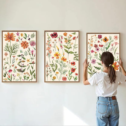 YeeHomedec Boho Wildflower Framed Canvas Wall Art, Colorful Vintage Floral Wall Decor, Watercolor Modern Flower Art Paintings, Neutral Botanical Picture Artwork for Girl Bedroom Living Room 16"x24"x3
