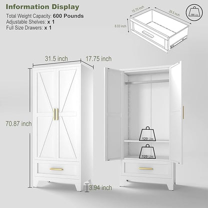 COFaR 71 Farmhouse Metal Wardrobe Closet with Hanging Rod, 2 Barn Doors, Adjustable Shelves, Steel Armoire with Drawer for Home, Bedroom White