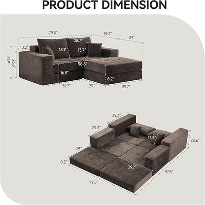 Boneless Sectional Loveseat Couch with Ottoman, Convertible Tufted Button Modular Floor Sleeper Sofa Bed, Comfy Foldable Compression Love Seat Sofa for Living Room, No Assembly, Brown