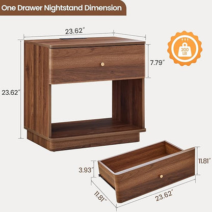 Narrow Nightstand Set of 2, Wooden Small 2 Drawer Nightstand, Slim Side End Table, Skinny Bedside Table, Mid Century Modern Night Stand with Drawers, for Living Room (Walnut-Charging Station-1 pc)