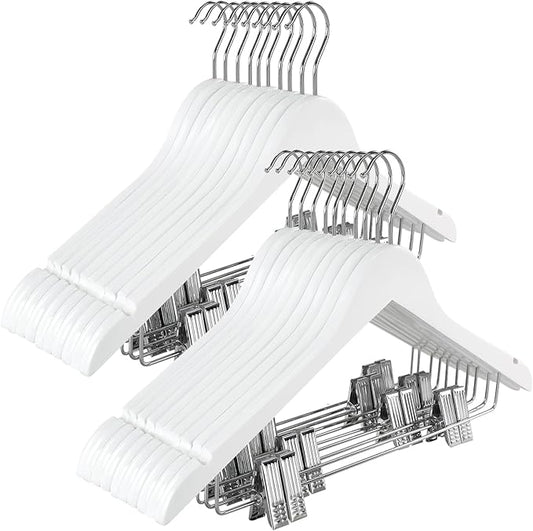 TOPIA HANGER Wooden Suit Hangers with Adjustable Metal Clips (20 Pack), Solid Smooth Wood Clothes Hangers, 360° Swivel Hook, Premium Pants Hangers for Clothes Coat, Jeans, Blouse-White,CT28W20