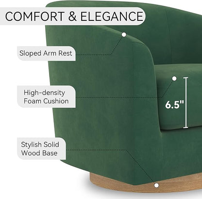 Swivel Barrel Accent Chair with Solid Wood Base, Round Velvet Living Room Arm Chairs, Modern Upholstered Comfty Reading Nook Chairs for Bedroom, Club Armchair, Single Sofa Side Chair, Green
