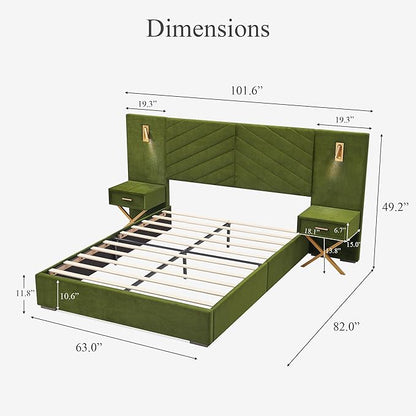 DEINPPA Luxury Queen Bed Frame with Built-in Gold LED Lights and Nightstands, Queen Size Platform Bed with Oversize Upholstered Headboard, No Box Spring Needed-Green